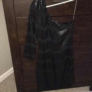 One sleeve mini black dress